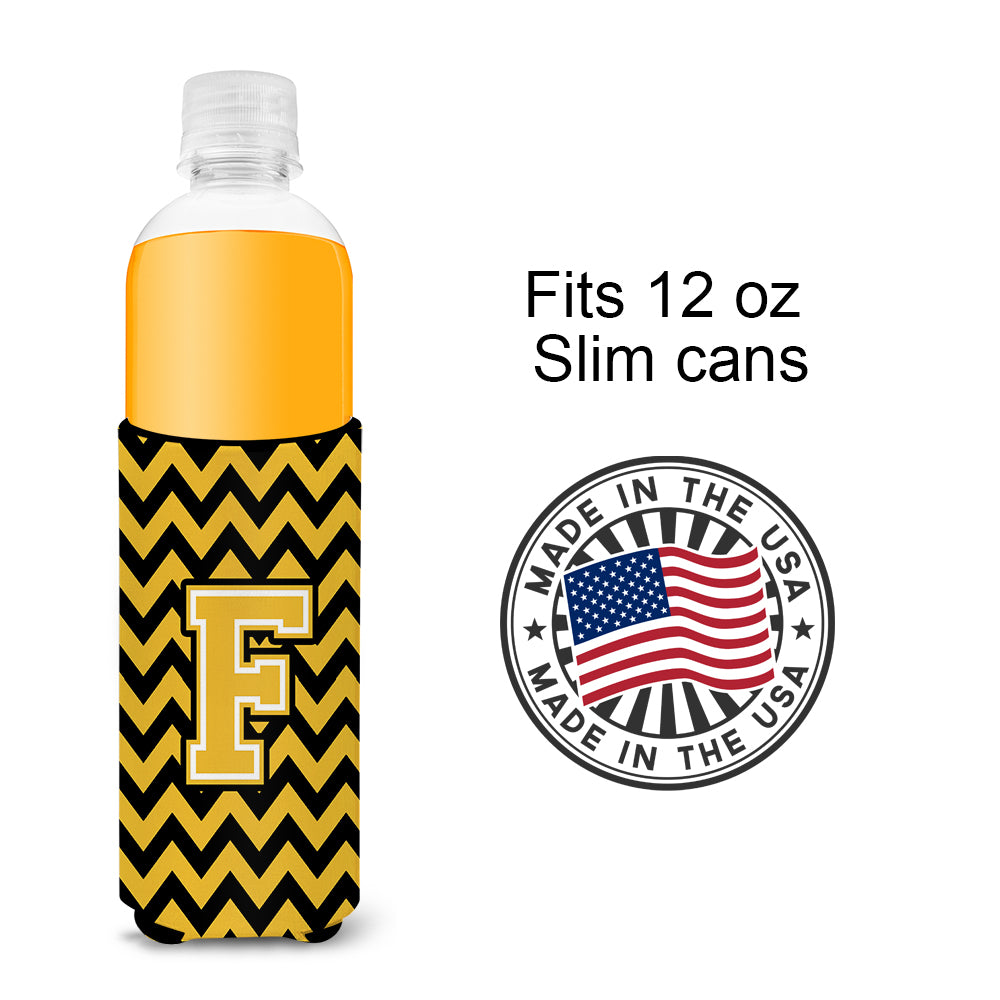Letter F Chevron Black and Gold Ultra Beverage Insulators for slim cans CJ1053-FMUK.