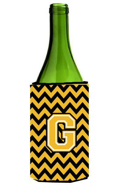 Letter G Chevron Black and Gold Wine Bottle Beverage Insulator Hugger CJ1053-GLITERK by Caroline&#39;s Treasures