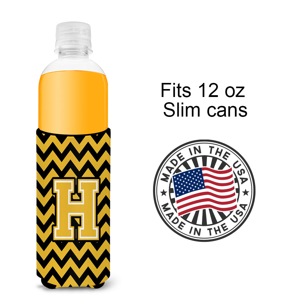 Letter H Chevron Black and Gold Ultra Beverage Insulators for slim cans CJ1053-HMUK.