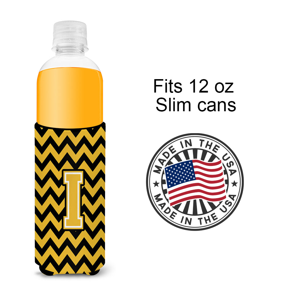Letter I Chevron Black and Gold Ultra Beverage Insulators for slim cans CJ1053-IMUK