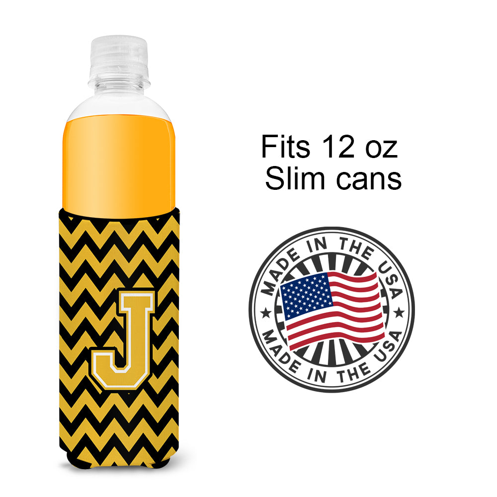 Letter J Chevron Black and Gold Ultra Beverage Insulators for slim cans CJ1053-JMUK.