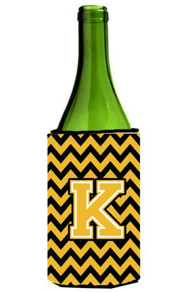 Letter K Chevron Black and Gold Wine Bottle Beverage Insulator Hugger CJ1053-KLITERK by Caroline&#39;s Treasures