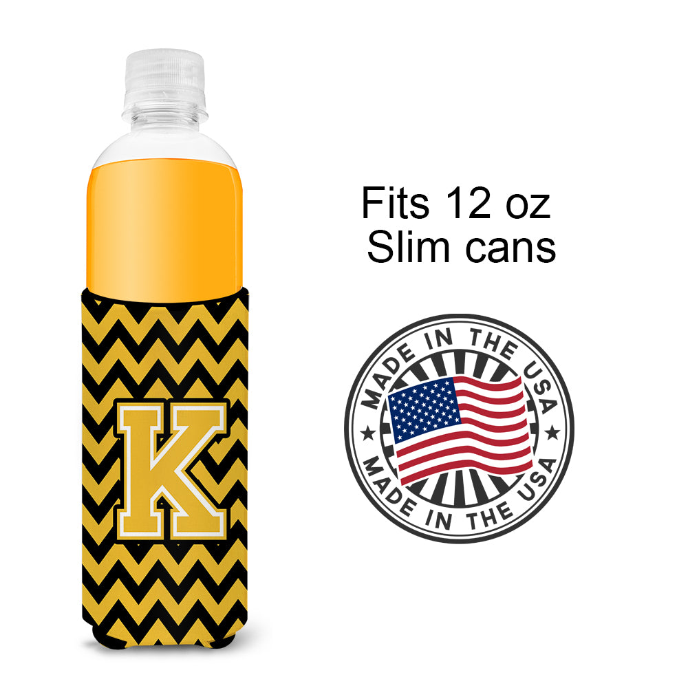 Letter K Chevron Black and Gold Ultra Beverage Insulators for slim cans CJ1053-KMUK.