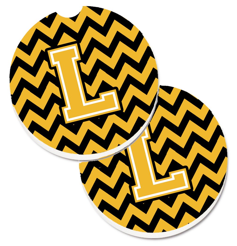 Letter L Chevron Black and Gold Set of 2 Cup Holder Car Coasters CJ1053-LCARC by Caroline&#39;s Treasures