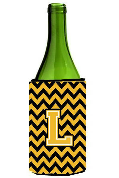 Letter L Chevron Black and Gold Wine Bottle Beverage Insulator Hugger CJ1053-LLITERK by Caroline&#39;s Treasures