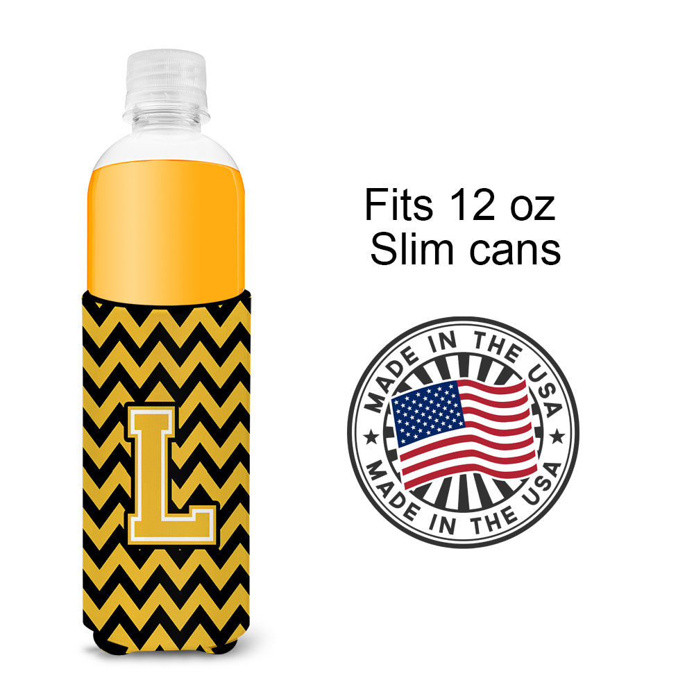 Letter L Chevron Black and Gold Ultra Beverage Insulators for slim cans CJ1053-LMUK.