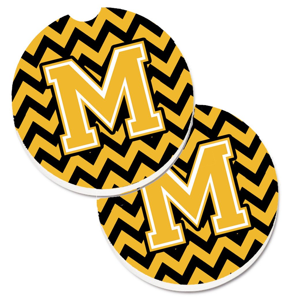 Letter M Chevron Black and Gold Set of 2 Cup Holder Car Coasters CJ1053-MCARC by Caroline&#39;s Treasures