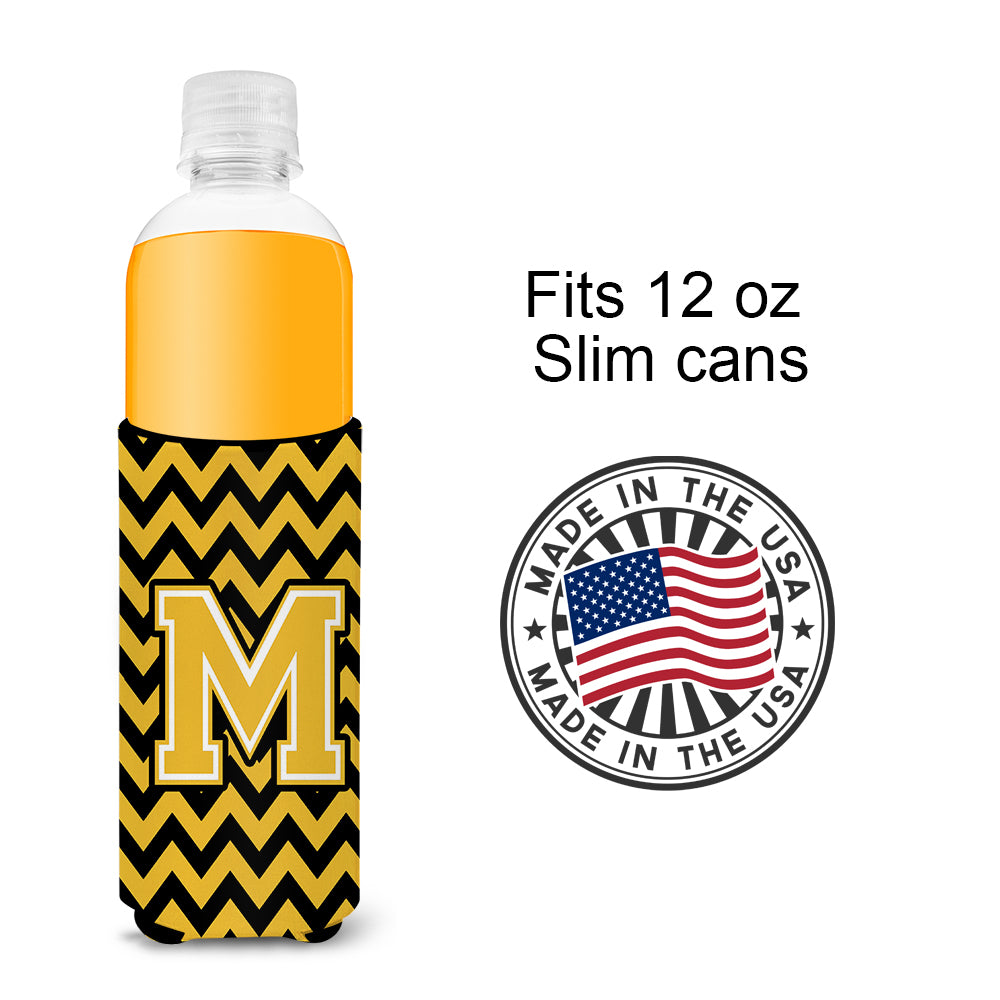 Letter M Chevron Black and Gold Ultra Beverage Insulators for slim cans CJ1053-MMUK.