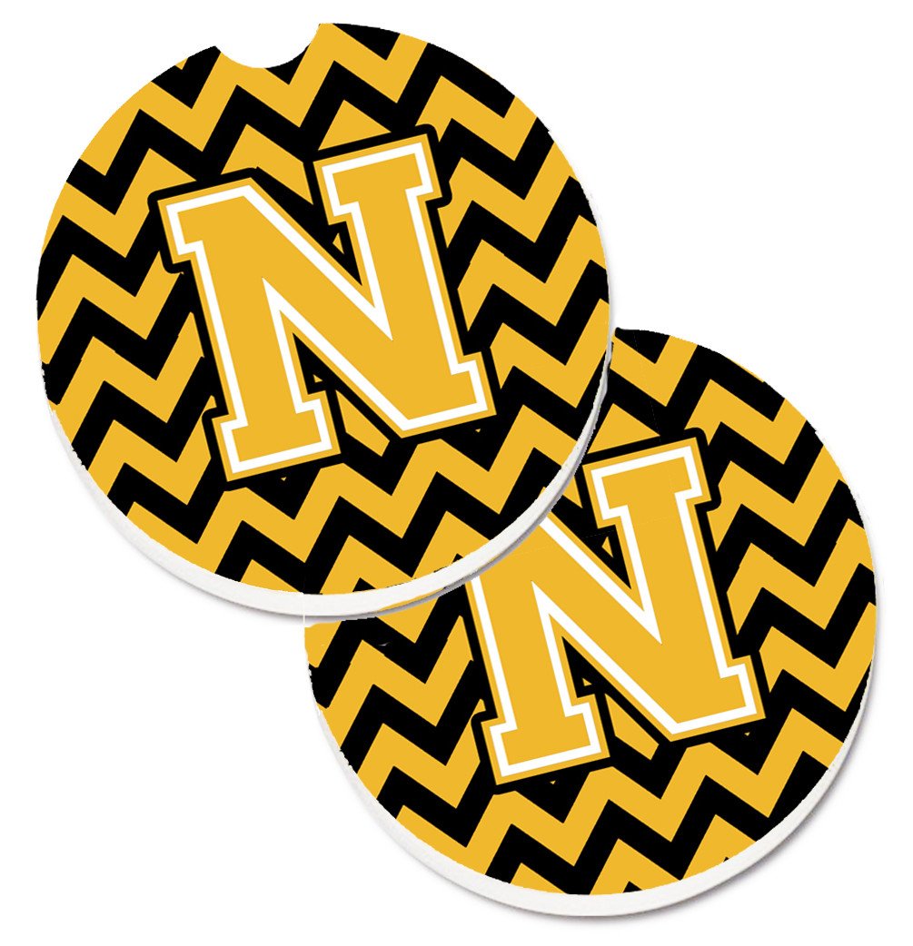 Letter N Chevron Black and Gold Set of 2 Cup Holder Car Coasters CJ1053-NCARC by Caroline&#39;s Treasures