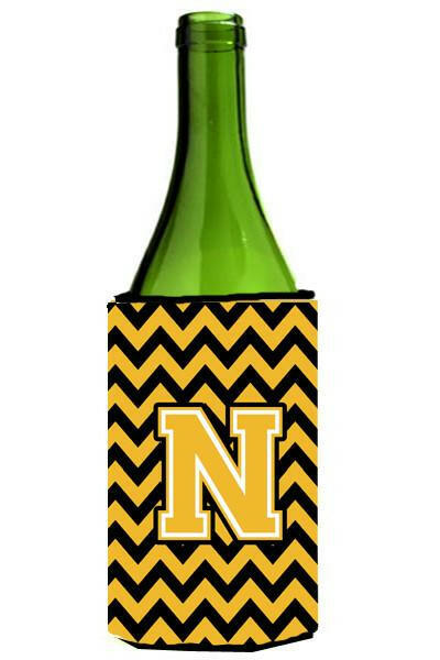 Letter N Chevron Black and Gold Wine Bottle Beverage Insulator Hugger CJ1053-NLITERK by Caroline&#39;s Treasures