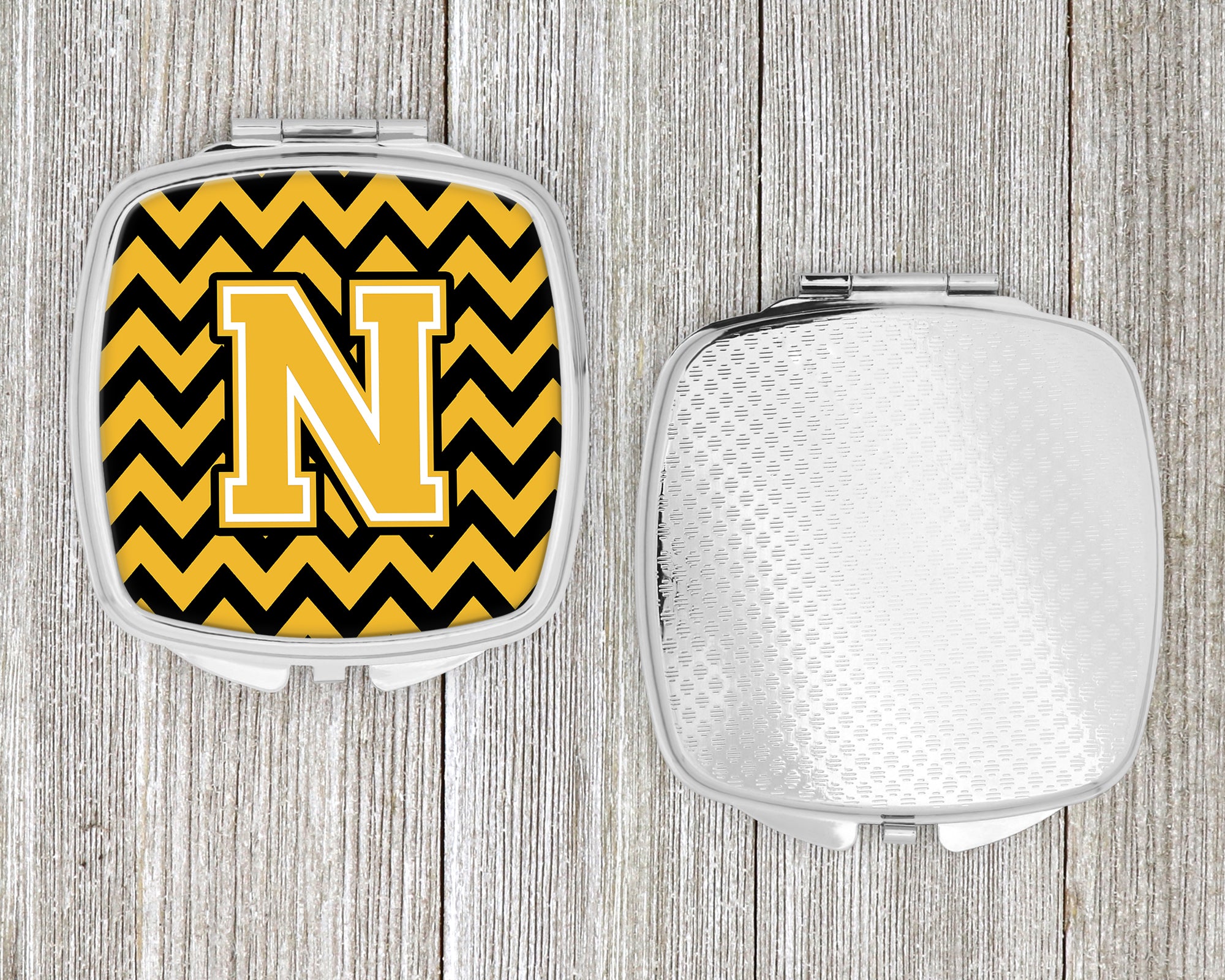 Letter N Chevron Black and Gold Compact Mirror CJ1053-NSCM