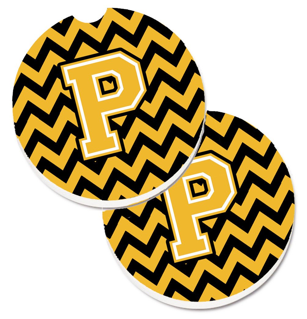 Letter P Chevron Black and Gold Set of 2 Cup Holder Car Coasters CJ1053-PCARC by Caroline's Treasures
