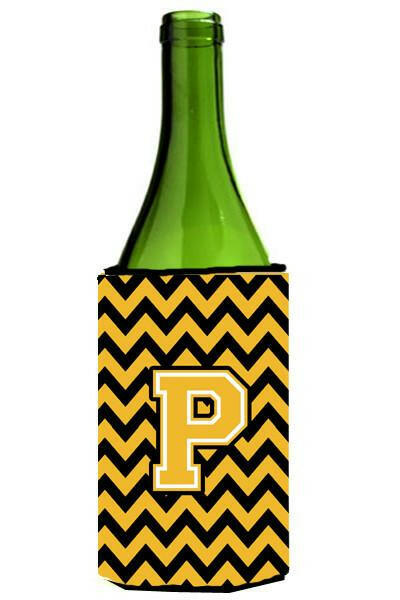 Letter P Chevron Black and Gold Wine Bottle Beverage Insulator Hugger CJ1053-PLITERK by Caroline&#39;s Treasures