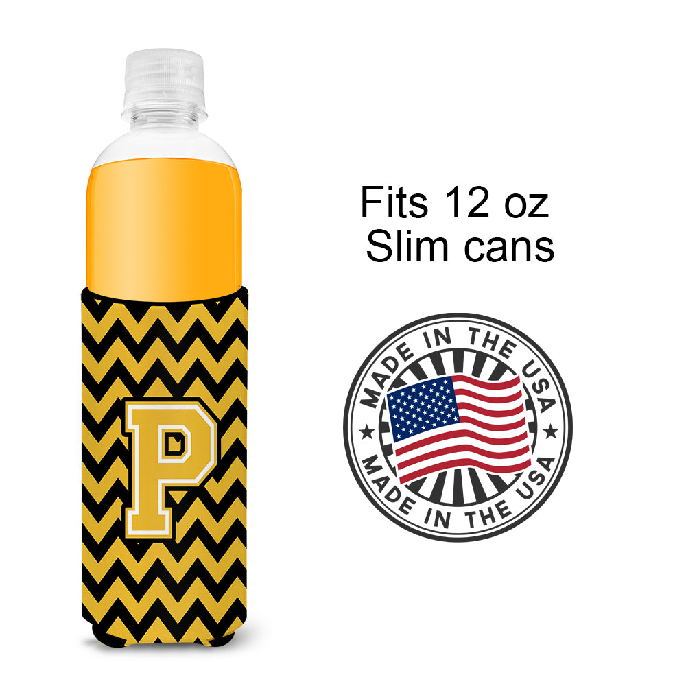 Letter P Chevron Black and Gold Ultra Beverage Insulators for slim cans CJ1053-PMUK