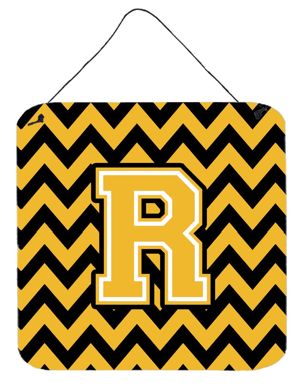 Letter R Chevron Black and Gold Wall or Door Hanging Prints CJ1053-RDS66 by Caroline's Treasures