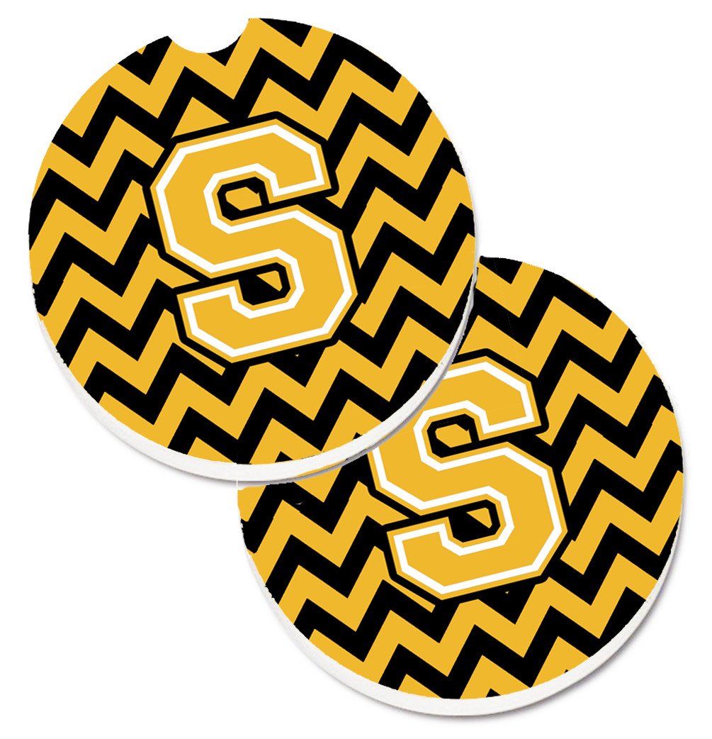 Letter S Chevron Black and Gold Set of 2 Cup Holder Car Coasters CJ1053-SCARC by Caroline&#39;s Treasures