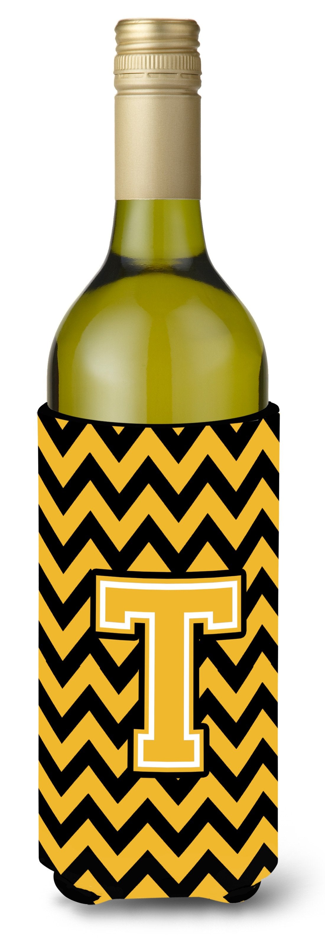Letter T Chevron Black and Gold Wine Bottle Beverage Insulator Hugger CJ1053-TLITERK by Caroline&#39;s Treasures
