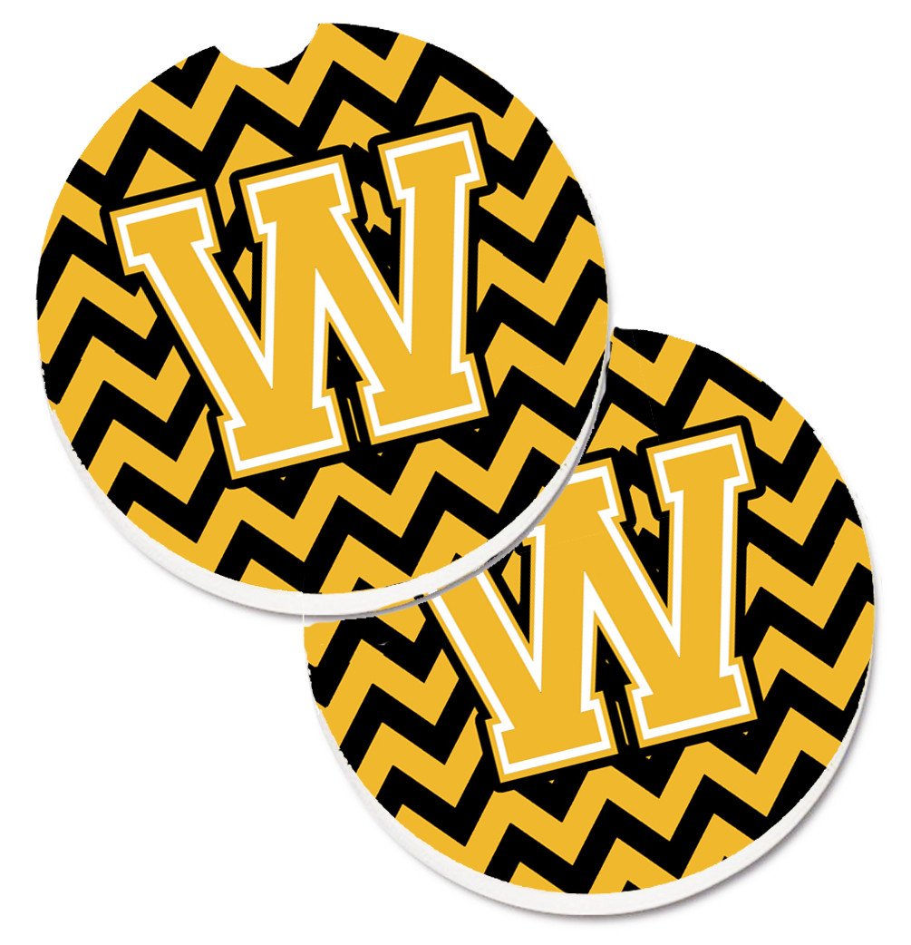 Letter W Chevron Black and Gold Set of 2 Cup Holder Car Coasters CJ1053-WCARC by Caroline&#39;s Treasures