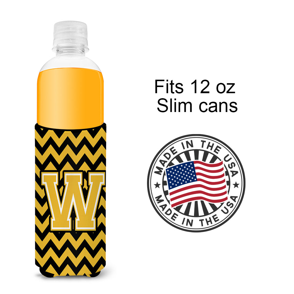 Letter W Chevron Black and Gold Ultra Beverage Insulators for slim cans CJ1053-WMUK.