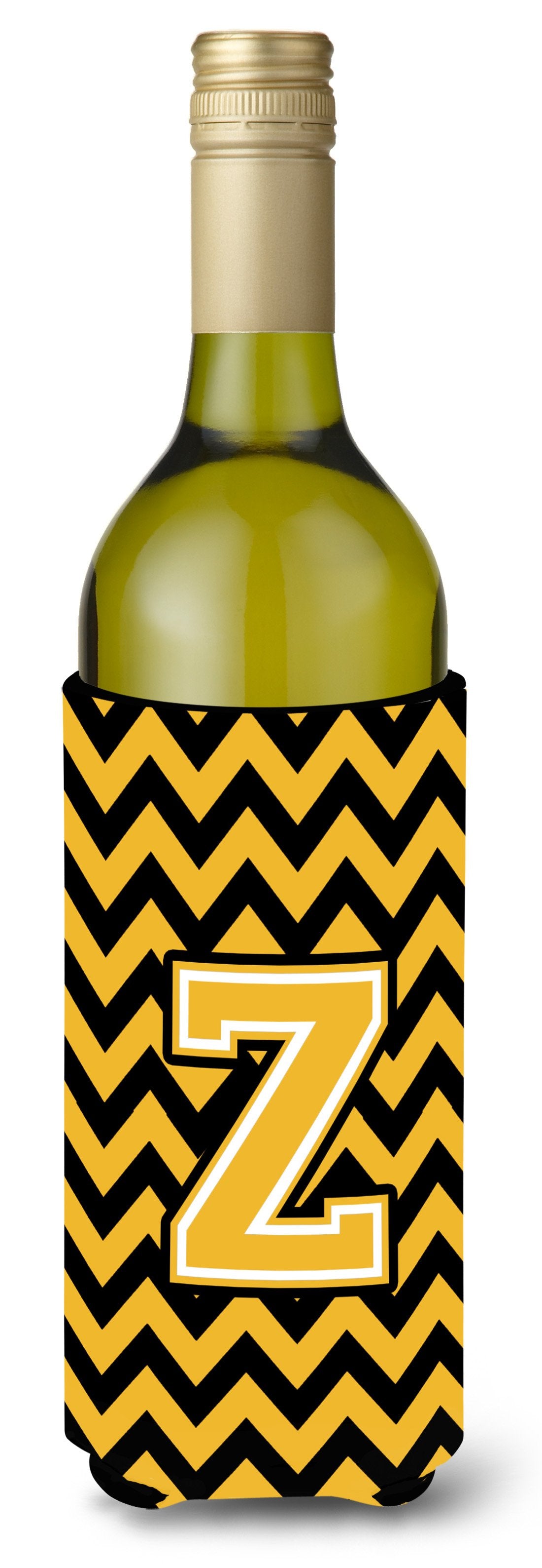 Letter Z Chevron Black and Gold Wine Bottle Beverage Insulator Hugger CJ1053-ZLITERK by Caroline&#39;s Treasures