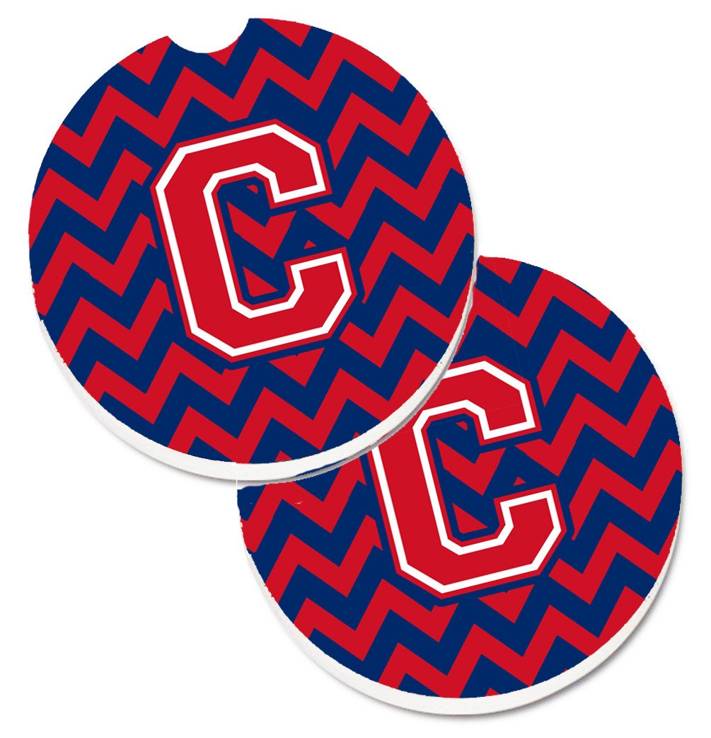 Letter C Chevron Yale Blue and Crimson Set of 2 Cup Holder Car Coasters CJ1054-CCARC by Caroline&#39;s Treasures