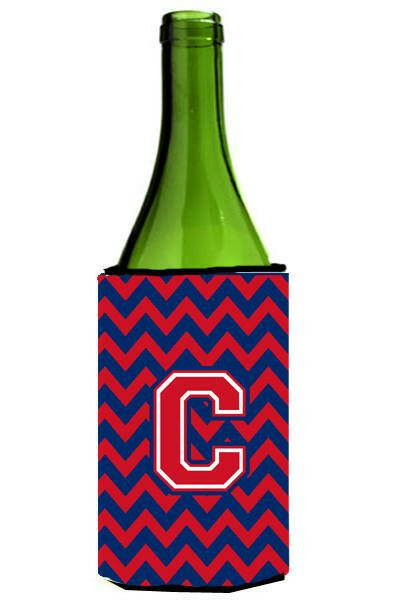 Letter C Chevron Yale Blue and Crimson Wine Bottle Beverage Insulator Hugger CJ1054-CLITERK by Caroline's Treasures