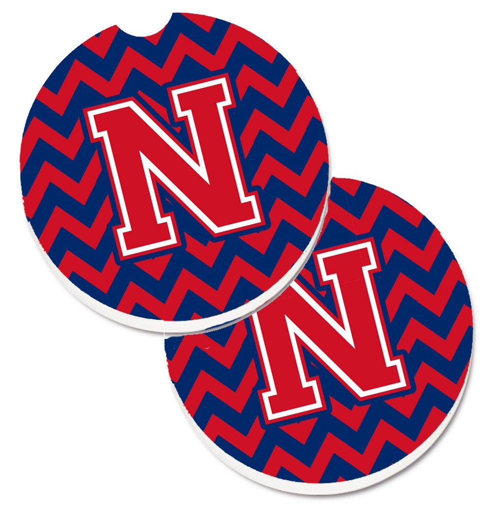 Letter N Chevron Yale Blue and Crimson Set of 2 Cup Holder Car Coasters CJ1054-NCARC by Caroline&#39;s Treasures