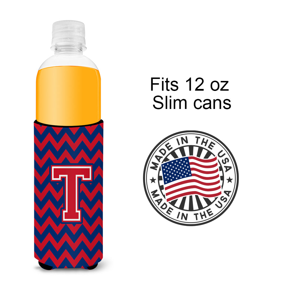 Letter T Chevron Yale Blue and Crimson Ultra Beverage Insulators for slim cans CJ1054-TMUK