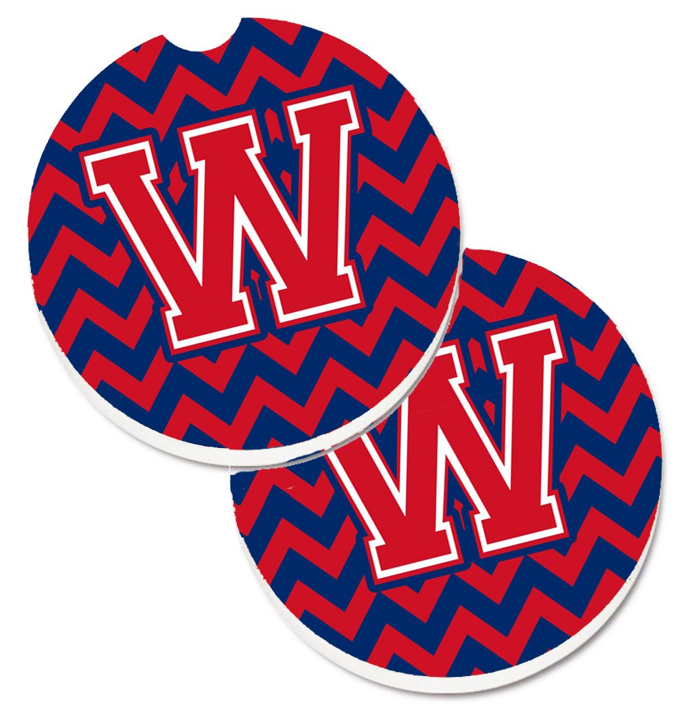 Letter W Chevron Yale Blue and Crimson Set of 2 Cup Holder Car Coasters CJ1054-WCARC by Caroline&#39;s Treasures
