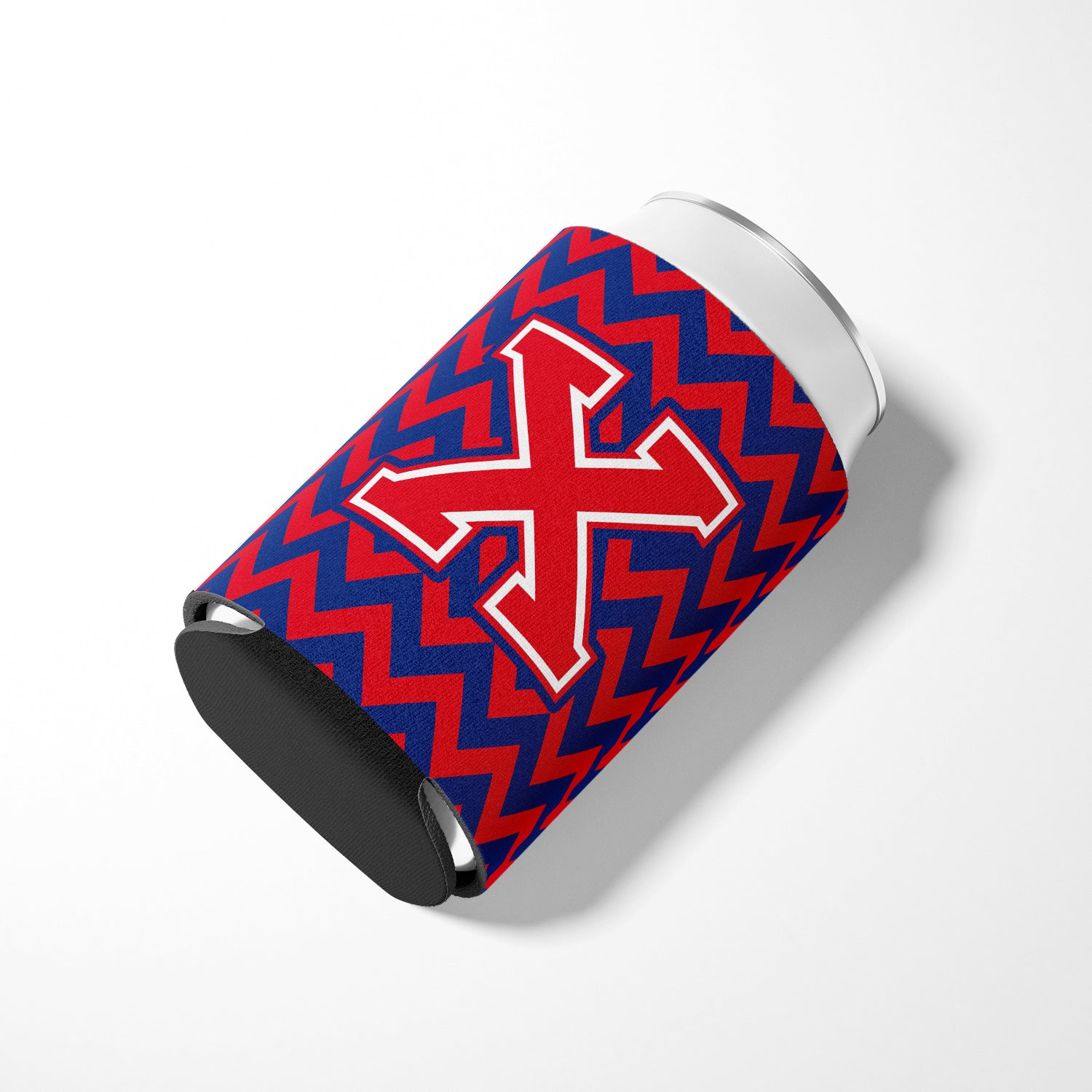 Letter X Chevron Yale Blue and Crimson Can or Bottle Hugger CJ1054-XCC.