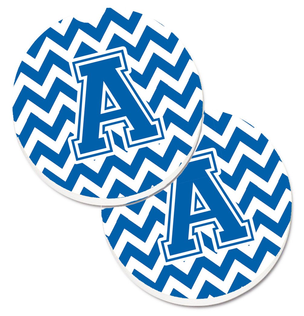 Letter A Chevron Blue and White Set of 2 Cup Holder Car Coasters CJ1056-ACARC by Caroline&#39;s Treasures