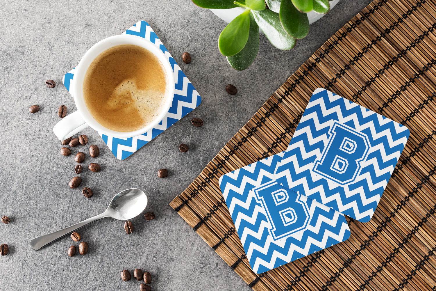 Set of 4 Letter B Chevron Blue and White Foam Coasters Set of 4 - the-store.com