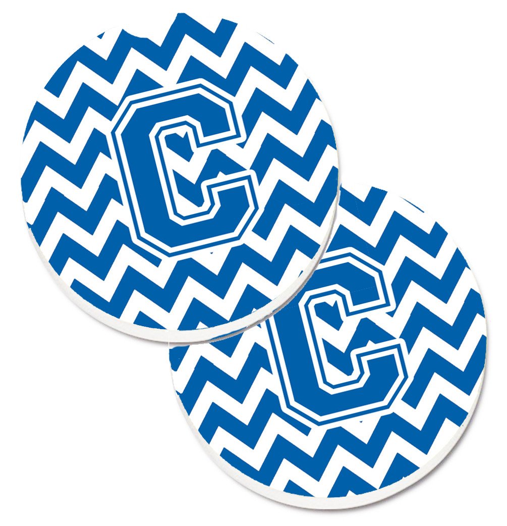 Letter C Chevron Blue and White Set of 2 Cup Holder Car Coasters CJ1056-CCARC by Caroline's Treasures
