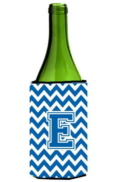 Letter E Chevron Blue and White Wine Bottle Beverage Insulator Hugger CJ1056-ELITERK by Caroline&#39;s Treasures