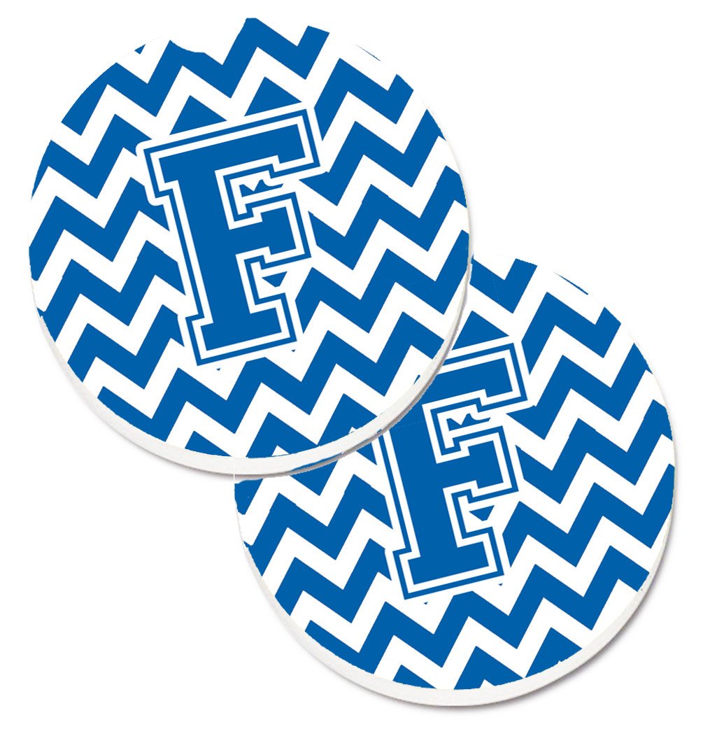 Letter F Chevron Blue and White Set of 2 Cup Holder Car Coasters CJ1056-FCARC by Caroline&#39;s Treasures
