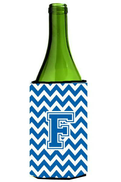Letter F Chevron Blue and White Wine Bottle Beverage Insulator Hugger CJ1056-FLITERK by Caroline&#39;s Treasures