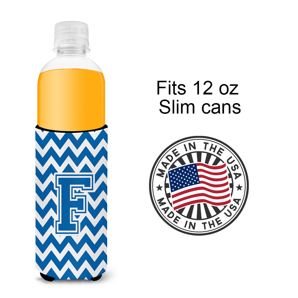 Letter F Chevron Blue and White Ultra Beverage Insulators for slim cans CJ1056-FMUK