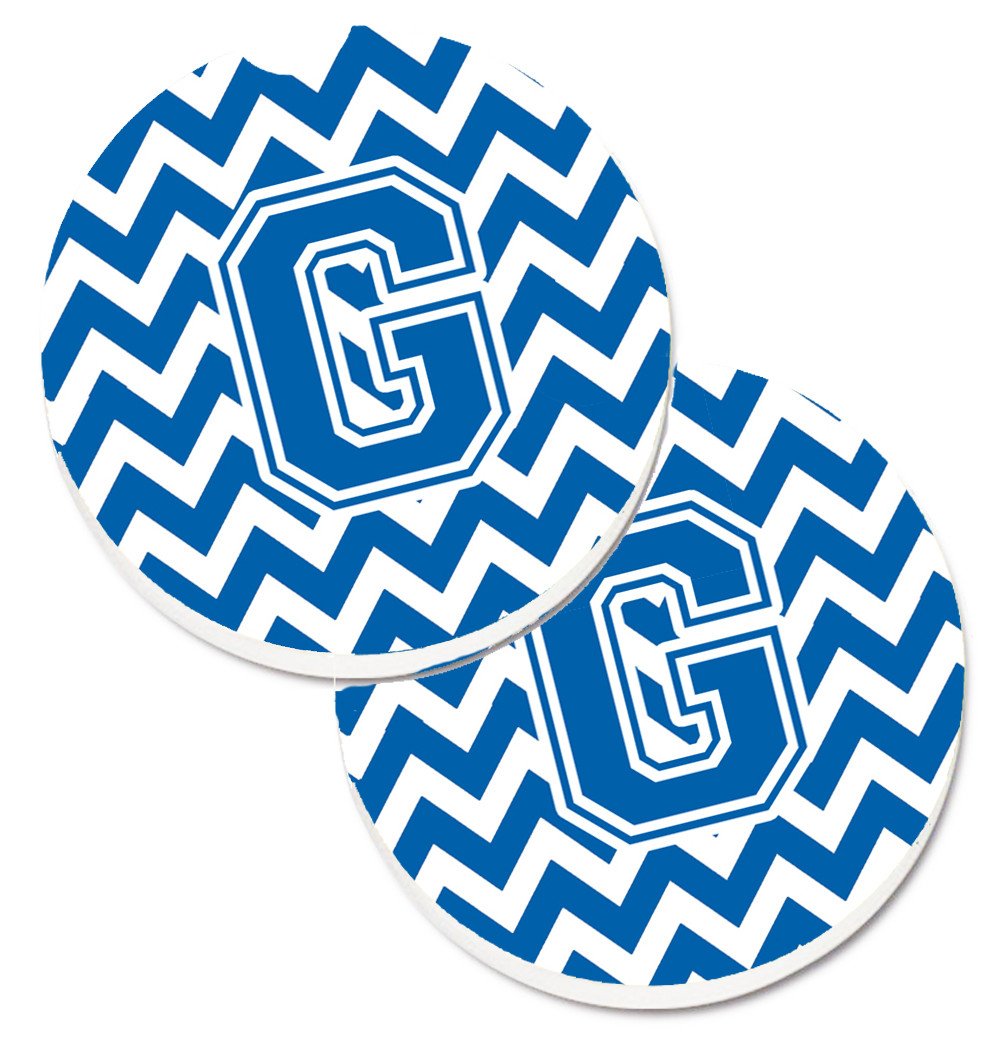 Letter G Chevron Blue and White Set of 2 Cup Holder Car Coasters CJ1056-GCARC by Caroline's Treasures