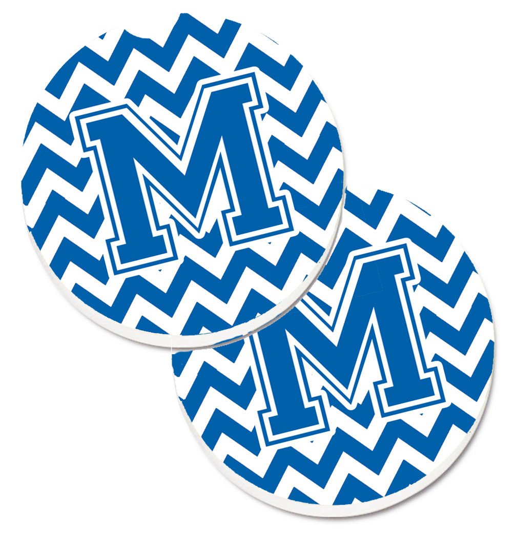 Letter M Chevron Blue and White Set of 2 Cup Holder Car Coasters CJ1056-MCARC by Caroline&#39;s Treasures