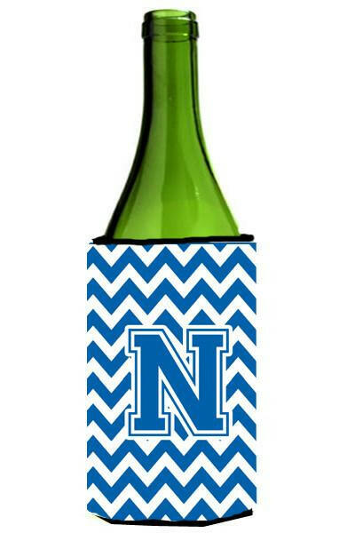 Letter N Chevron Blue and White Wine Bottle Beverage Insulator