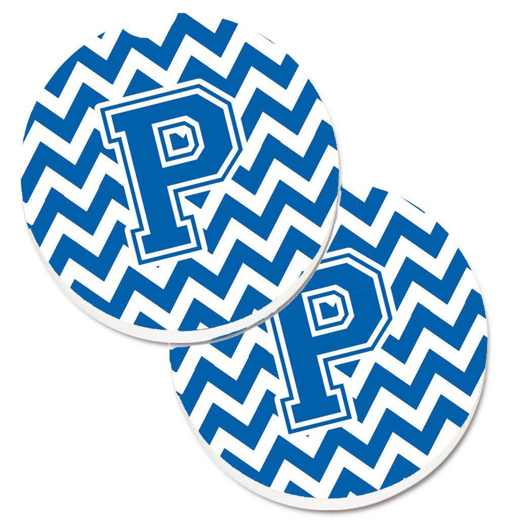 Letter P Chevron Blue and White Set of 2 Cup Holder Car Coasters CJ1056-PCARC by Caroline's Treasures