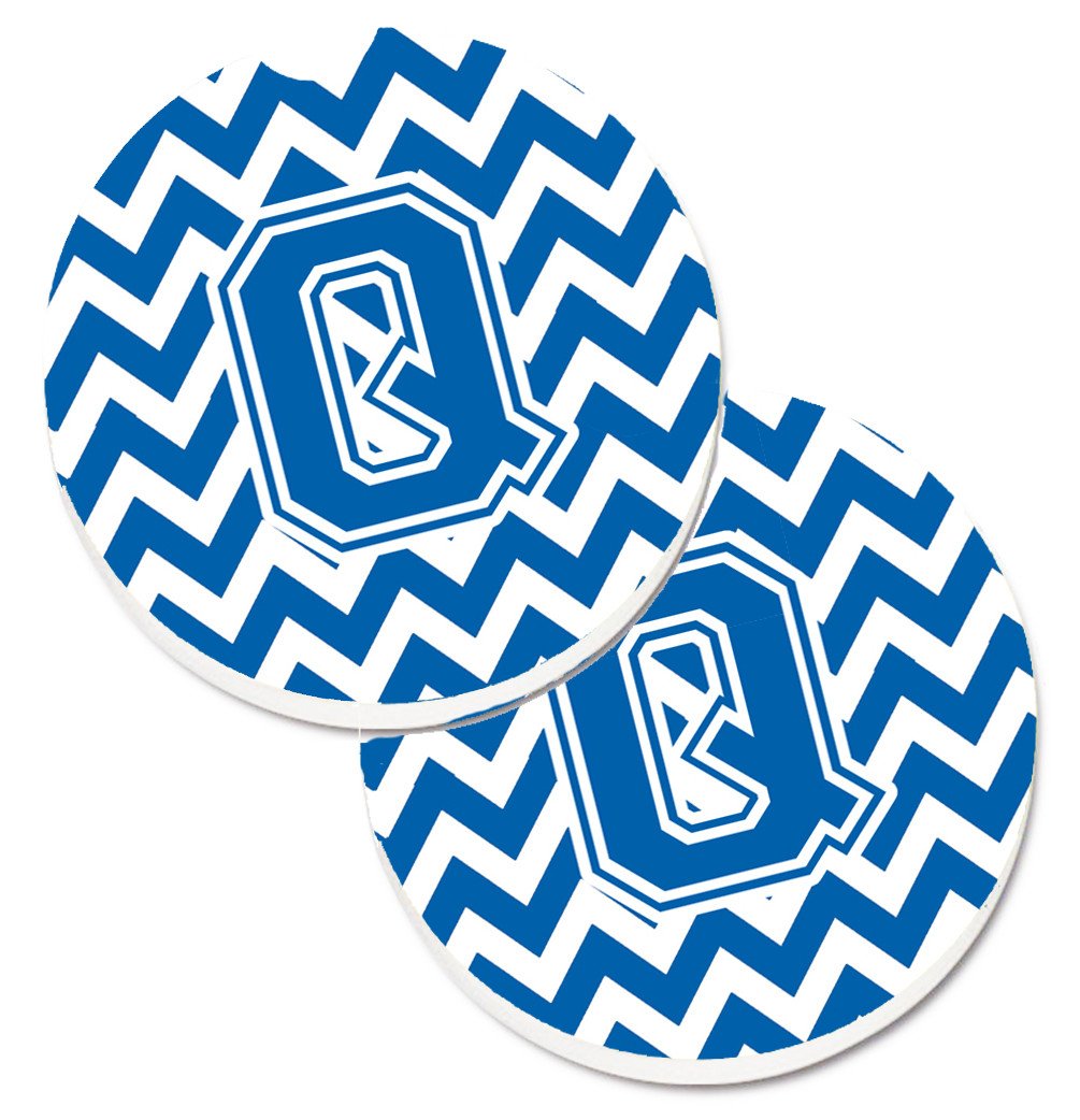 Letter Q Chevron Blue and White Set of 2 Cup Holder Car Coasters CJ1056-QCARC by Caroline&#39;s Treasures