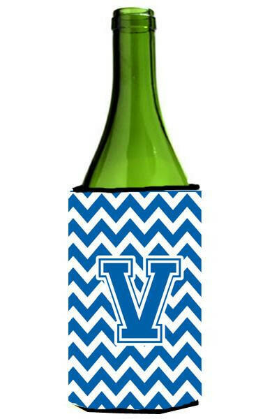 Letter V Chevron Blue and White Wine Bottle Beverage Insulator Hugger CJ1056-VLITERK by Caroline&#39;s Treasures
