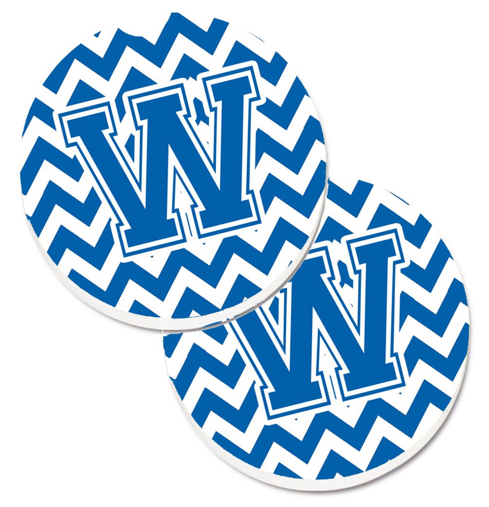 Letter W Chevron Blue and White Set of 2 Cup Holder Car Coasters CJ1056-WCARC by Caroline&#39;s Treasures