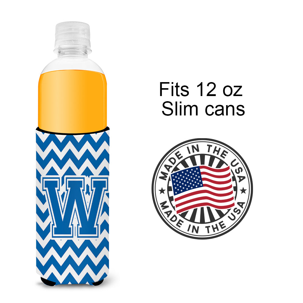 Letter W Chevron Blue and White Ultra Beverage Insulators for slim cans CJ1056-WMUK.