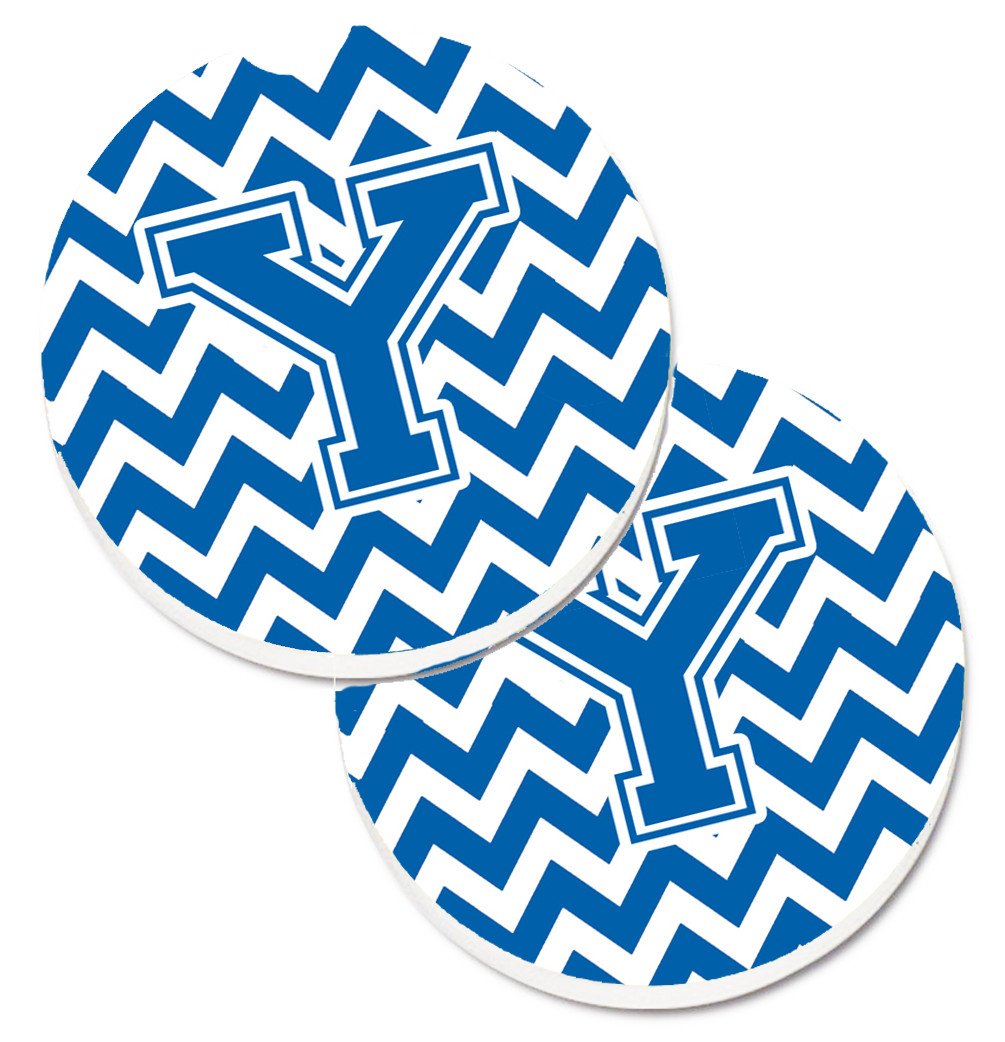 Letter Y Chevron Blue and White Set of 2 Cup Holder Car Coasters CJ1056-YCARC by Caroline's Treasures