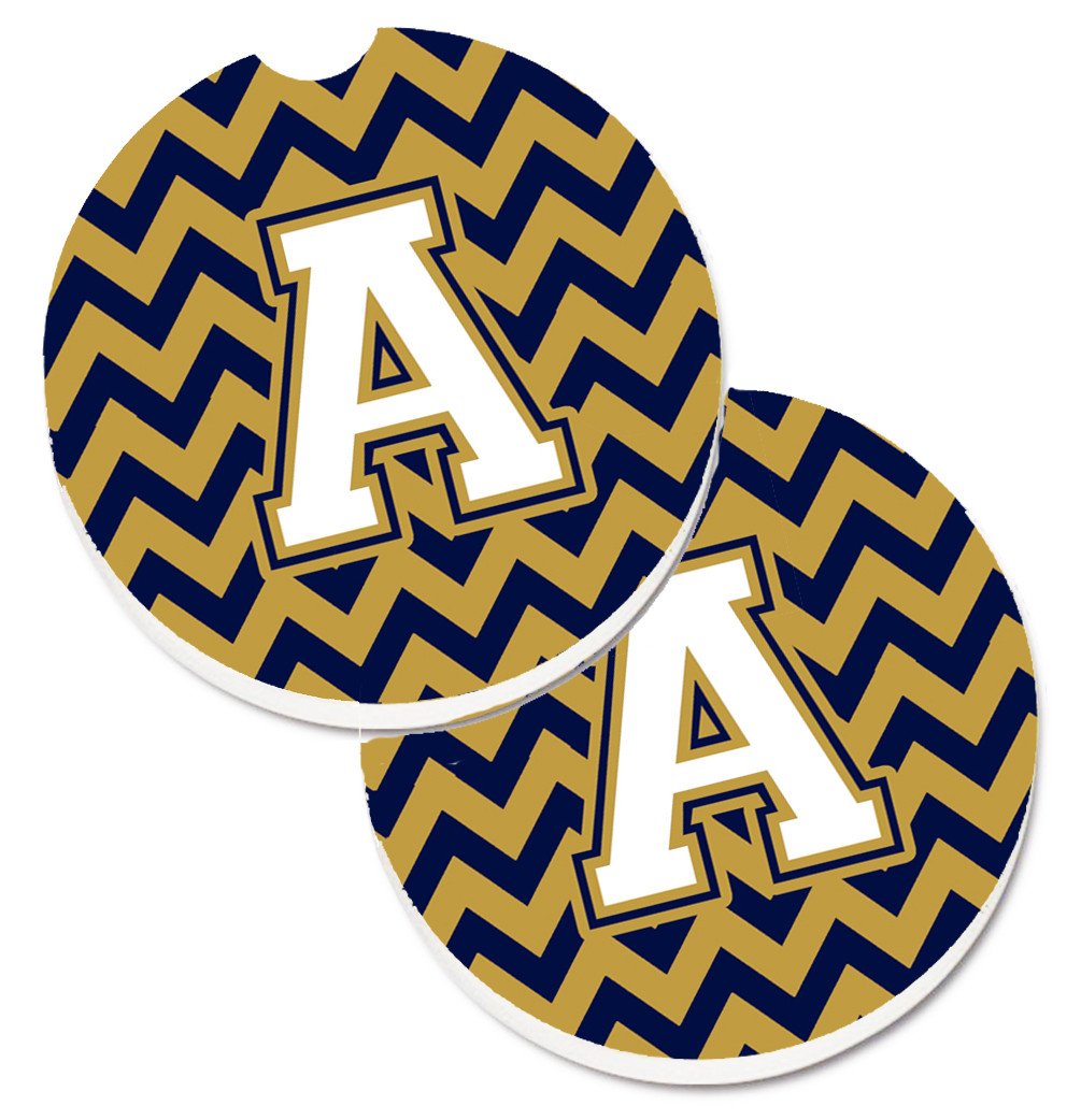 Letter A Chevron Navy Blue and Gold Set of 2 Cup Holder Car Coasters CJ1057-ACARC by Caroline&#39;s Treasures