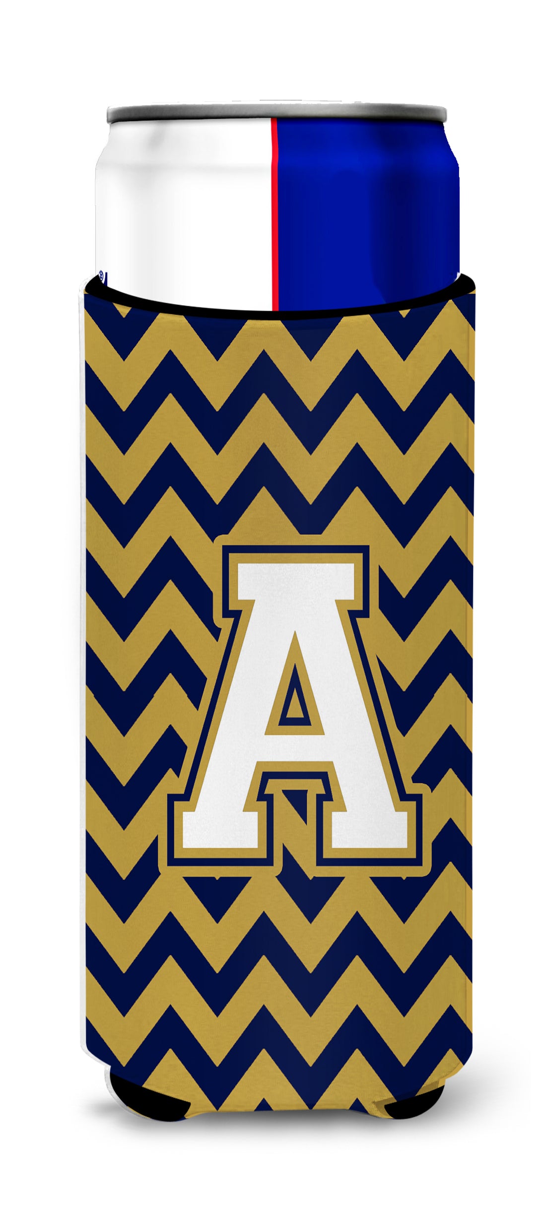 Letter A Chevron Navy Blue and Gold Ultra Beverage Insulators for slim cans CJ1057-AMUK.