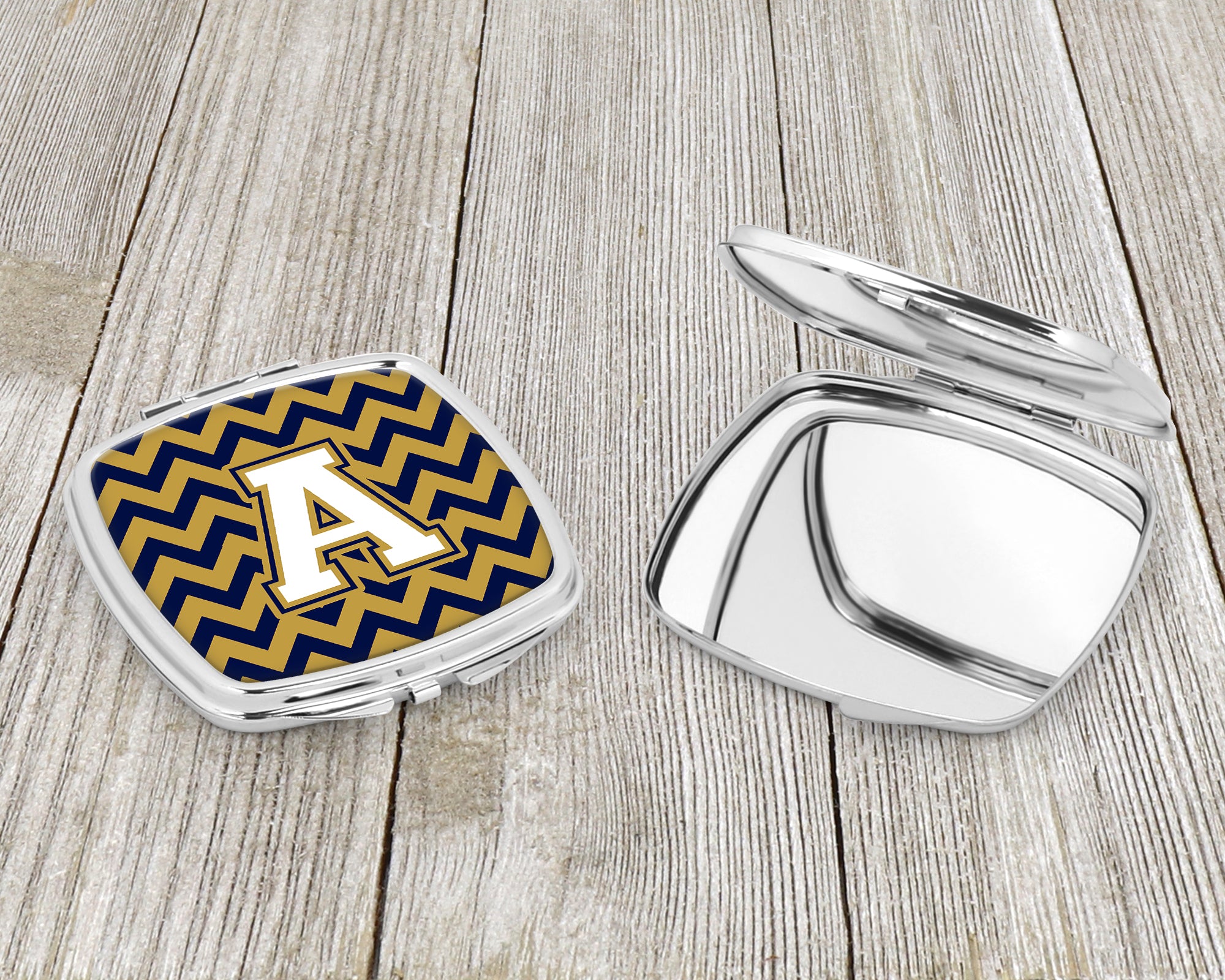 Letter A Chevron Navy Blue and Gold Compact Mirror CJ1057-ASCM  the-store.com.