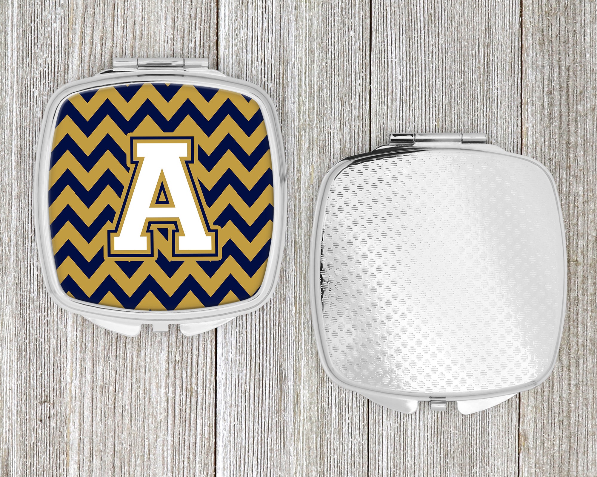 Letter A Chevron Navy Blue and Gold Compact Mirror CJ1057-ASCM  the-store.com.
